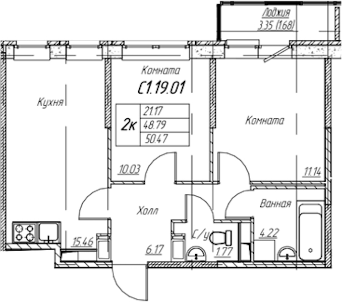 2-комнатная квартира 50.47 м², 19/22 эт., ЖК «Парк-квартал Юнтолово»